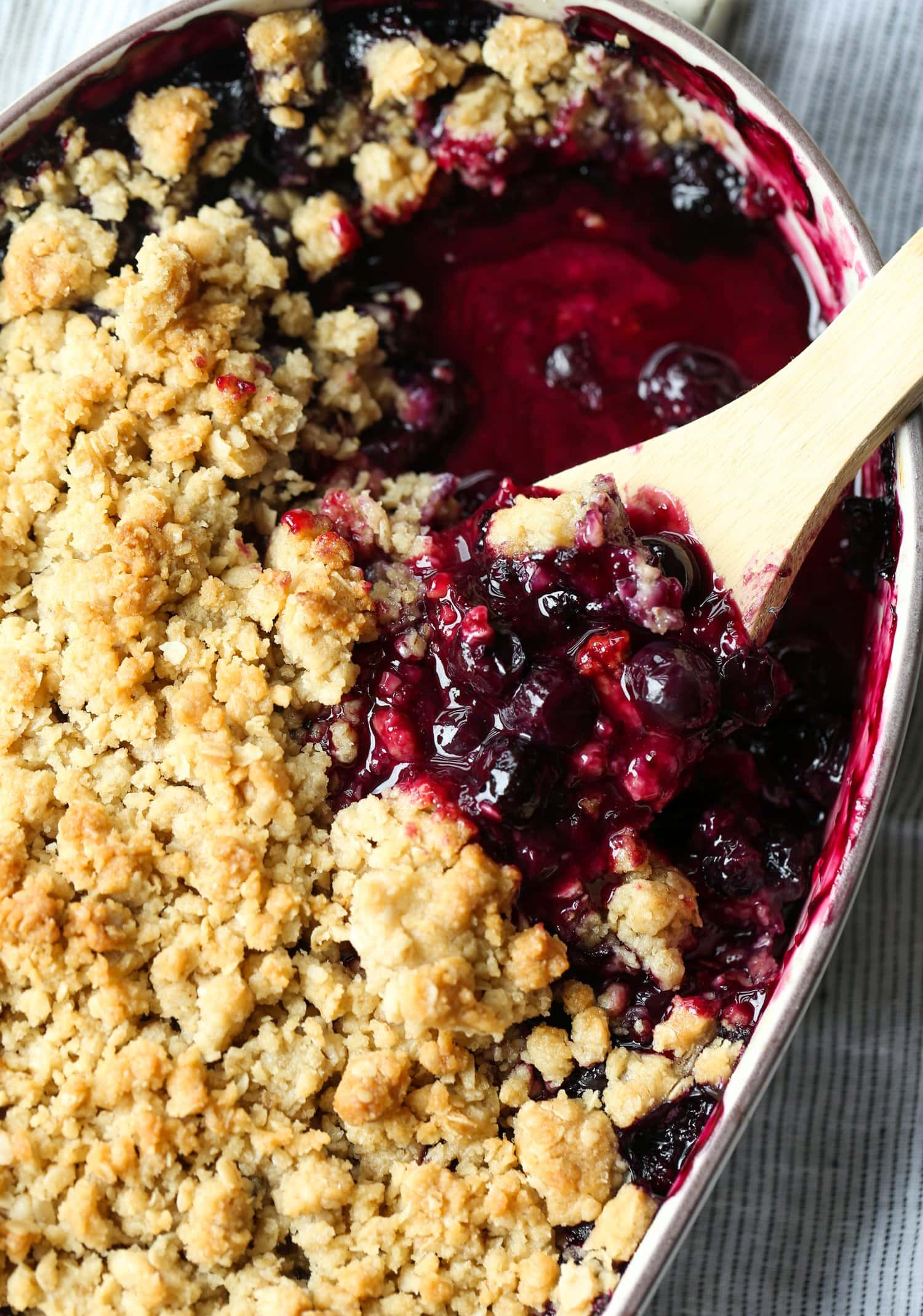 Homemade Blueberry Crumble served in a 9x13 baking dish