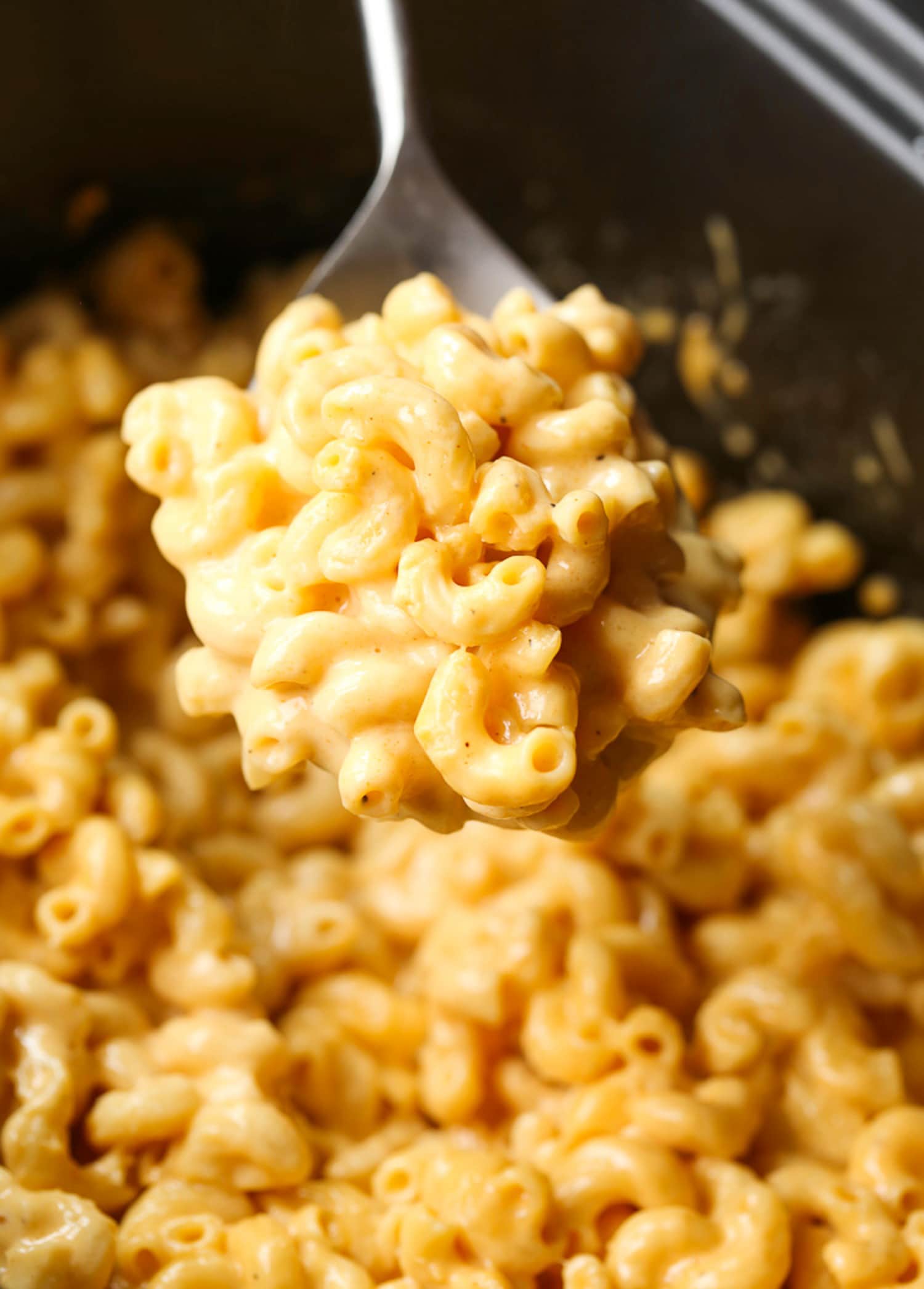 A spoonful of macaroni cheese out of a slow cooker